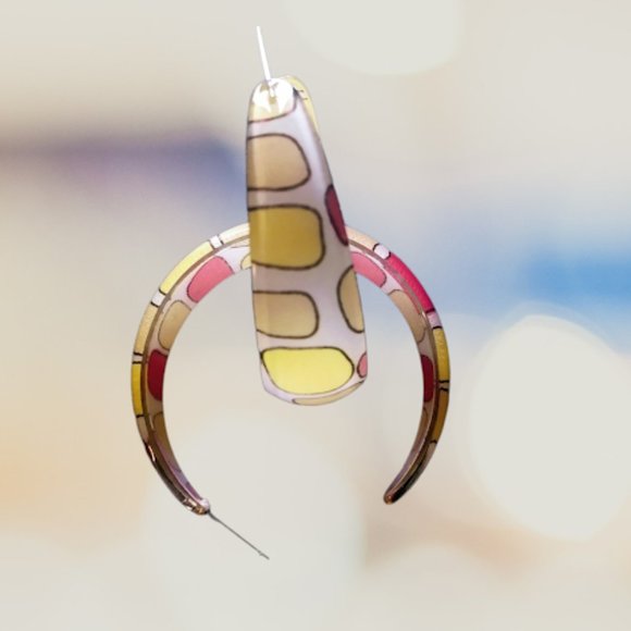 Multi Colored Yellow & Pink Acrylic Hoop Trending Earrings With White Background - Picture 10 of 16